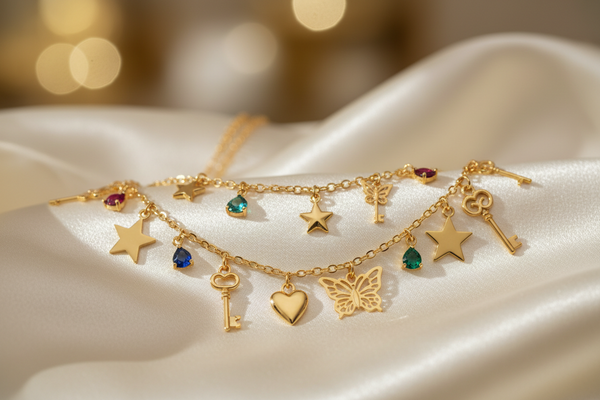 Chains and charms laid out for a jewellery design party at Adorit
